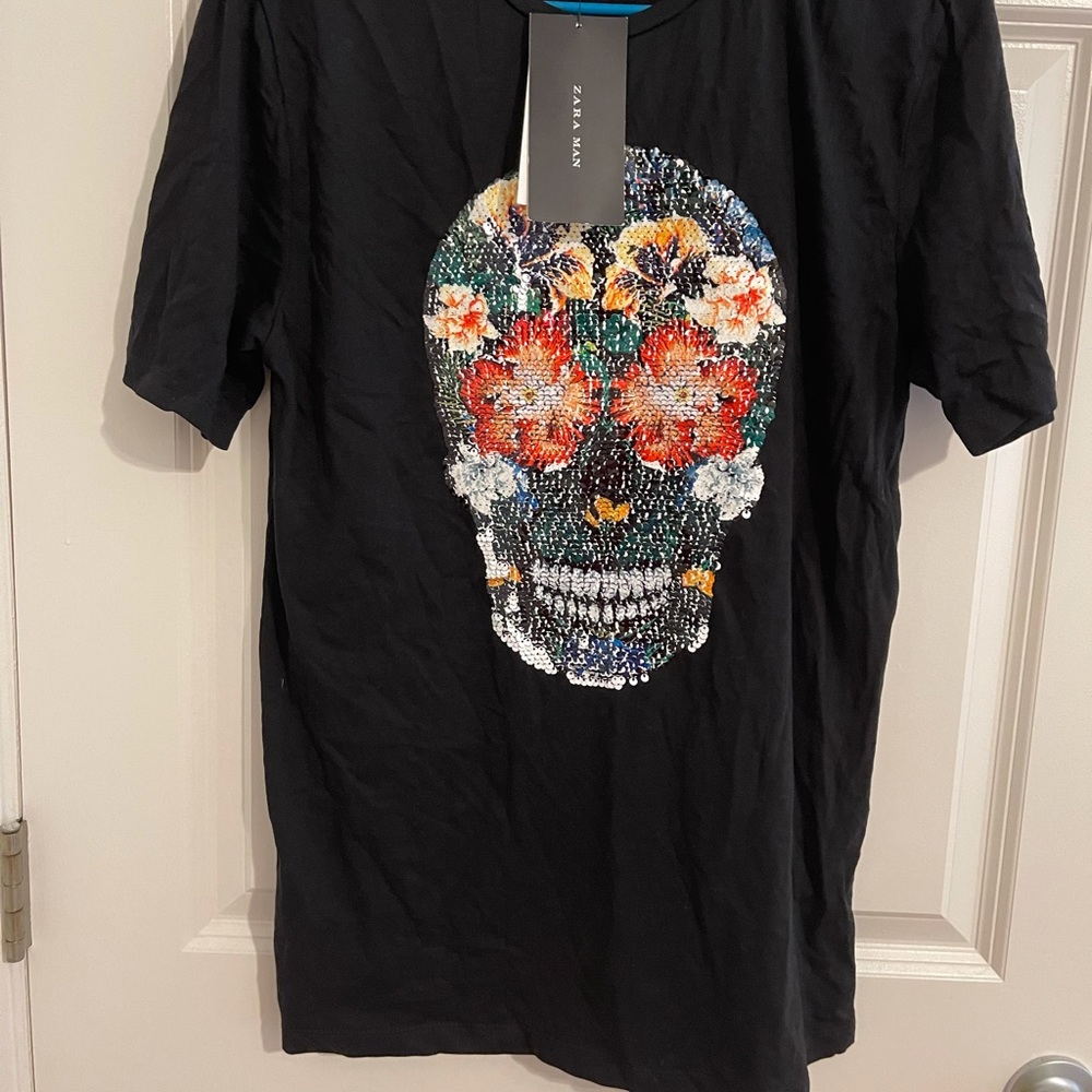 Zara Man T-shirt Sequin B/W Or flower Skull M
